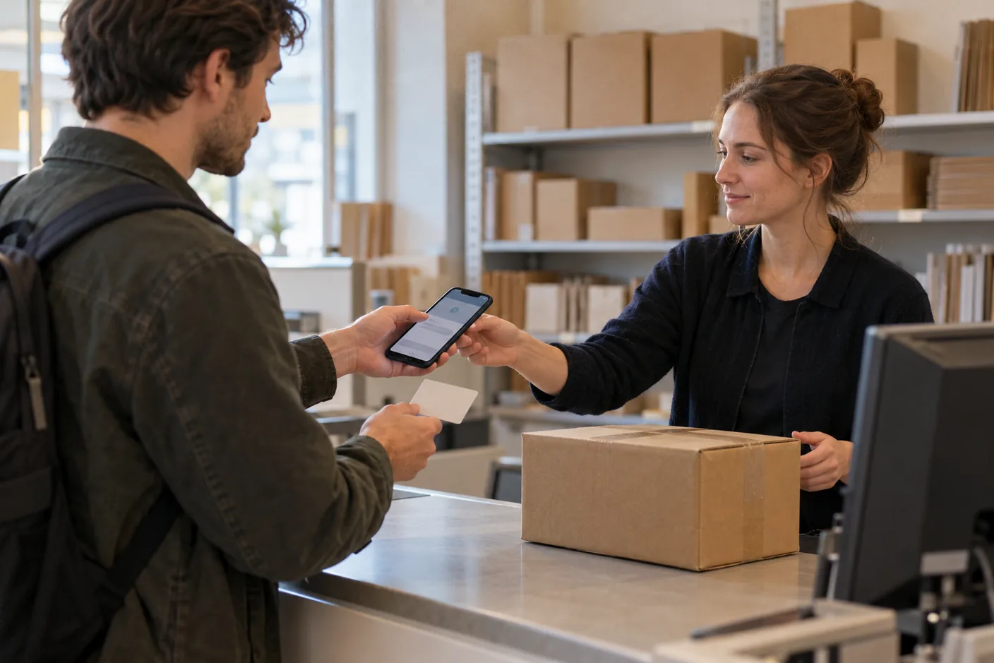Mann zeigt am Schalter einer Paketannahme Abholnachricht am Handy und Ausweis vor