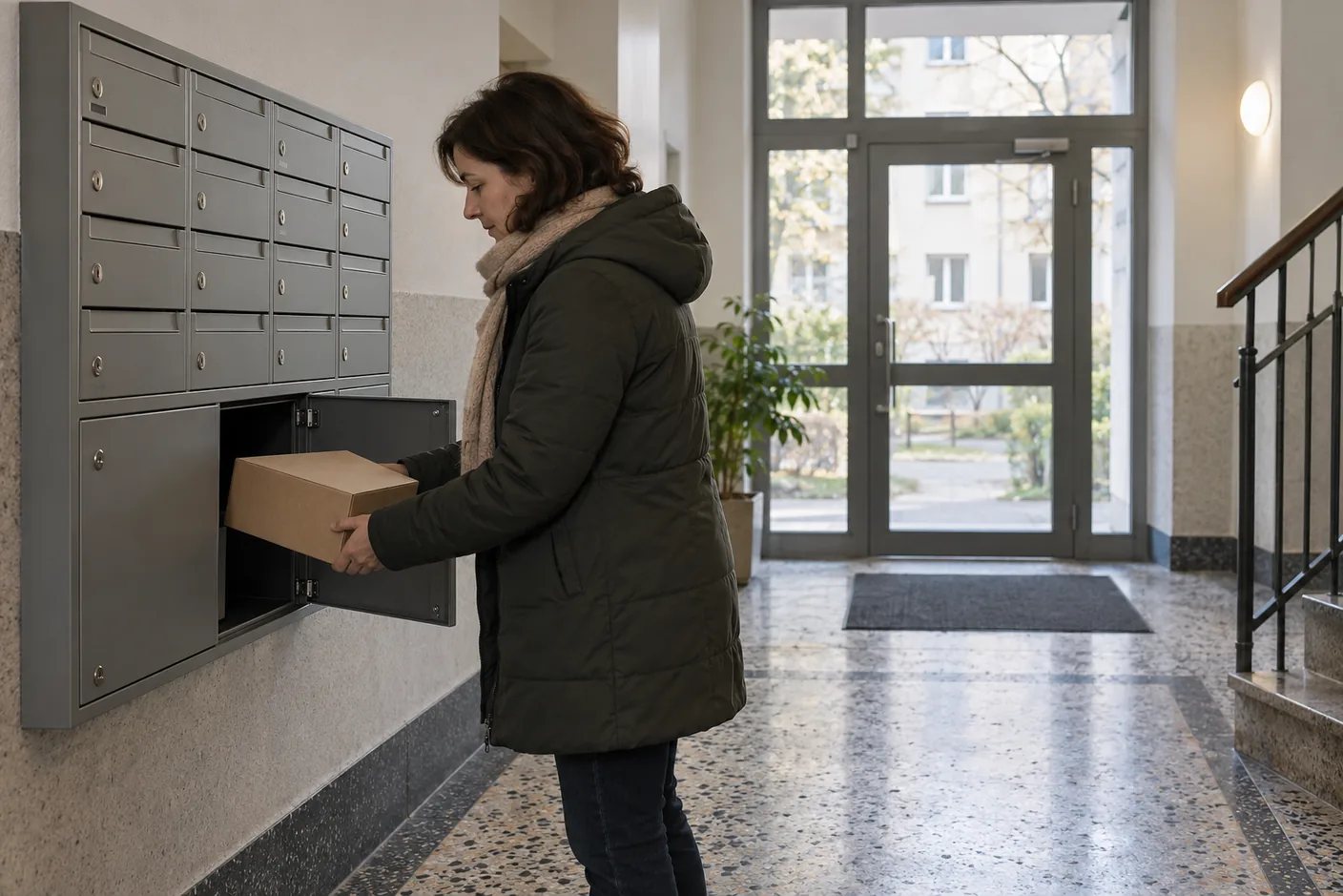 Frau nimmt im Stiegenhaus ein Paket aus dem Fach einer Empfangsbox neben den Briefkästen