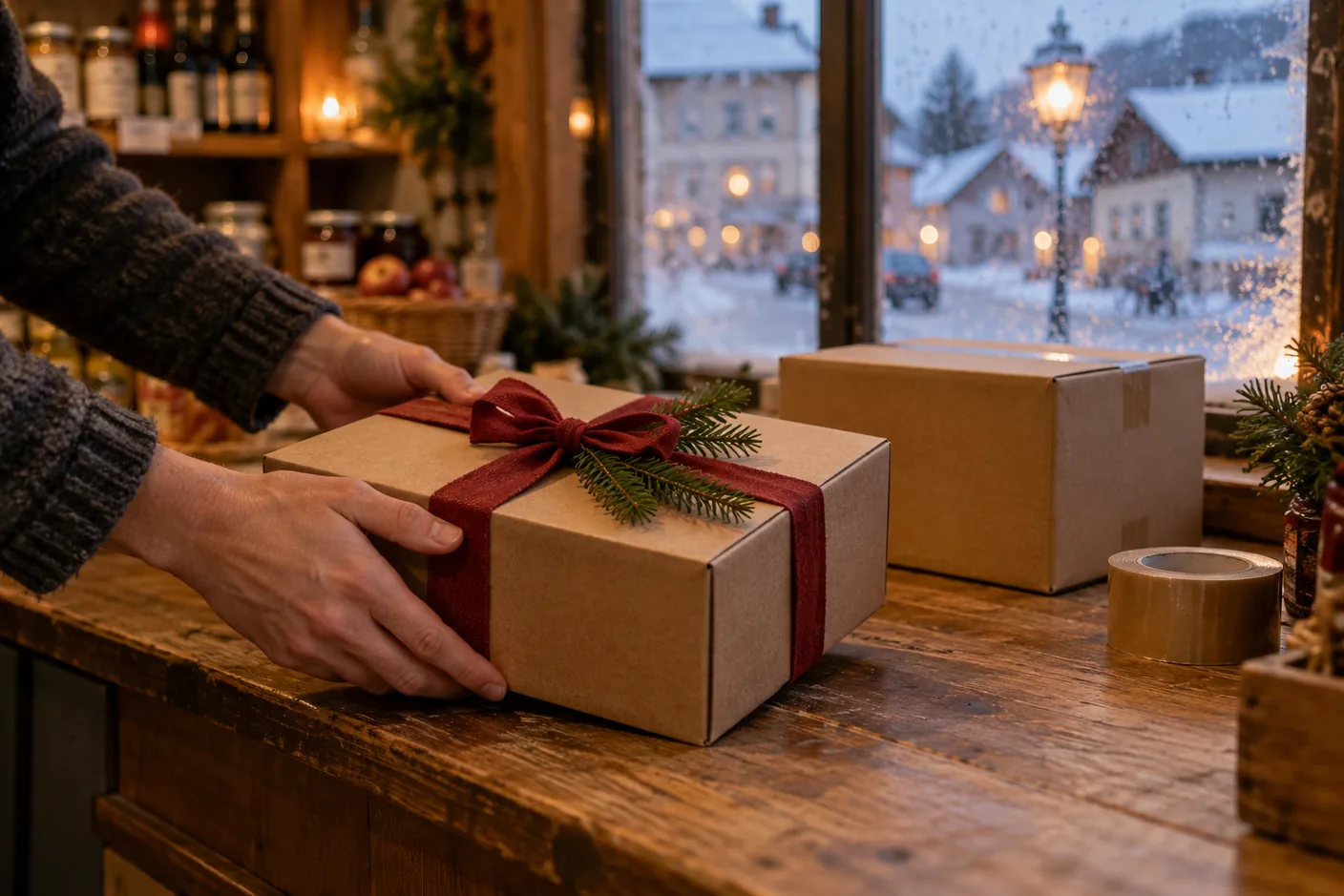 Mit rotem Band verschnürtes Paket wird an einer Paketannahme auf den Tresen gelegt